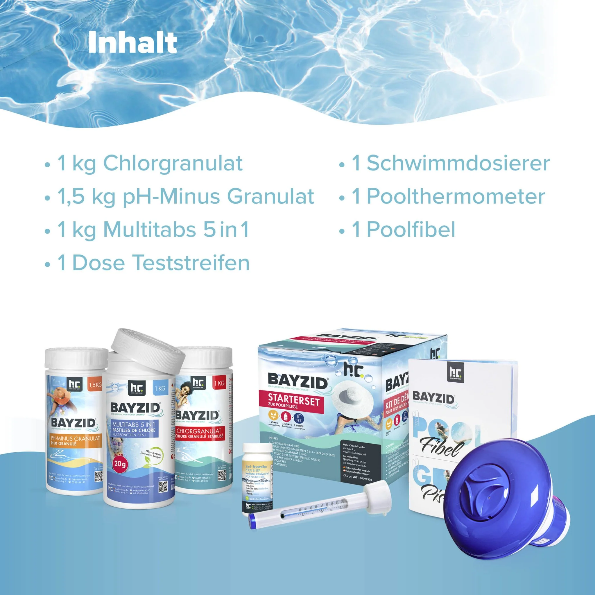 BAYZID® Pool Wasserpflege Starterset 7-tlg durch Chlor, PH Minus und Multitabs - Image 4
